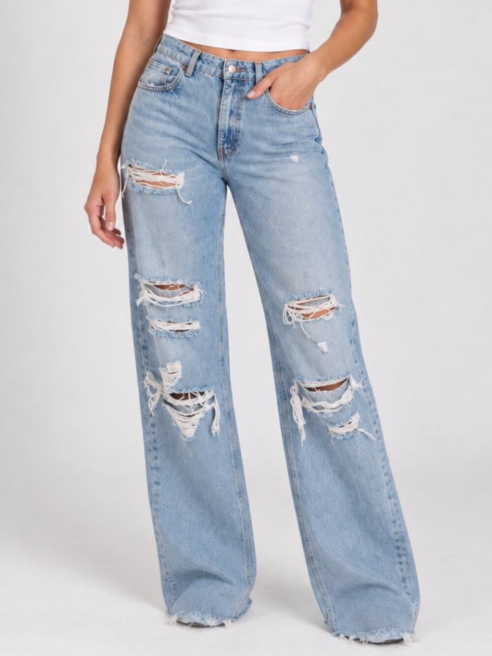 Zara Distressed Wide Leg Jeans Light Wash High Rise Raw Hem Size 6